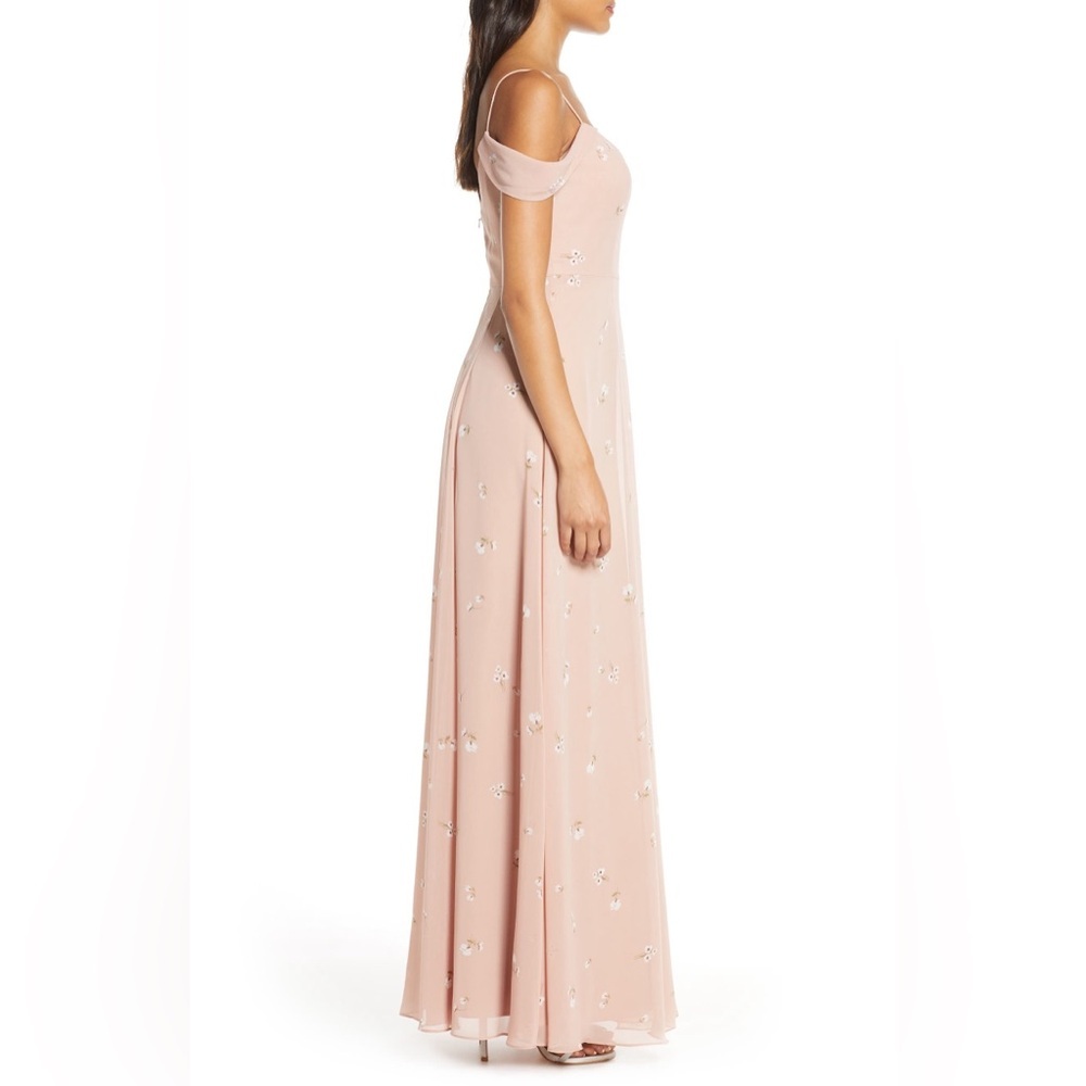 Jenny Yoo Priya Cold Shoulder Floral Chiffon Evening Dress 16 Blush Mauve Pink - Picture 4 of 11